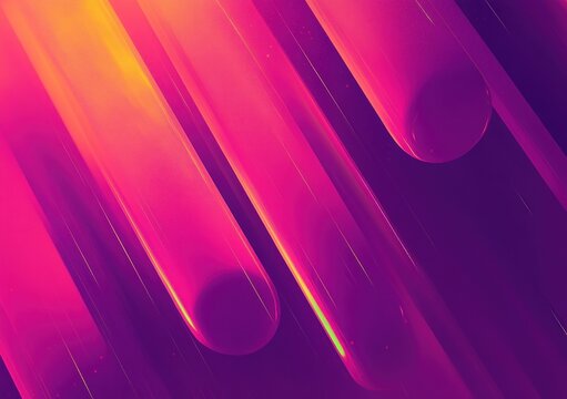 Vibrant abstract digital artwork featuring elongated rounded shapes in bright pink, purple, and yellow gradient hues creating dynamic diagonal motion