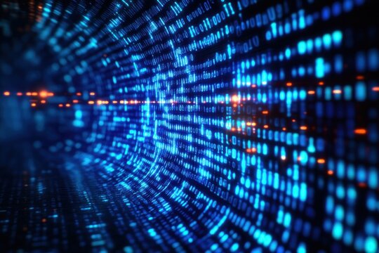 Curved digital tunnel formed by glowing blue binary code with scattered orange highlights creating a futuristic high-tech atmosphere