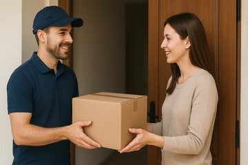 The male courier passes the box to the woman at the door. Delivery of parcels to your home.