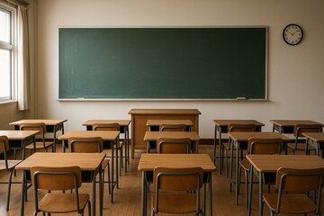 A classroom at school. Desks, chairs, and a blackboard. back to school. Academic year. Knowledge Day, September 1st.