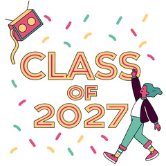 Class of 2027 celebration with confetti and retro radio