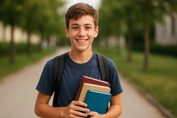 A teenage boy Students with a backpack and books in his hands outdoors. Back to school. Knowledge Day, September 1st.