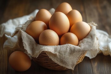 close-up of several fresh brown eggs placed in a wicker basket lined with rustic beige fabric on a wooden surface with soft natural lighting
