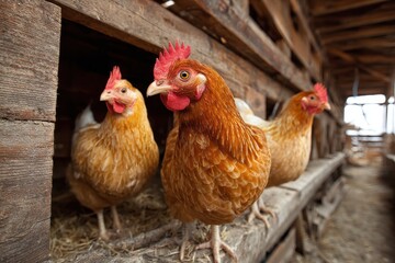 Fototapeta premium Hens explore their cozy environment in a rustic chicken coop at a local farm during the day, showcasing their natural behavior and vibrant plumage in a peaceful setting