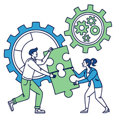 Teamwork and collaboration connecting puzzle pieces with gears