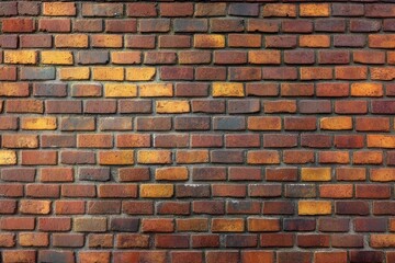 Fototapeta premium Close-up view of a multicolored brick wall with shades of red, orange, yellow, and black bricks arranged in a horizontal pattern