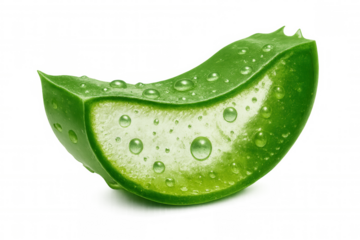 Aloe vera slice glistening with water droplets, symbolizing natural skincare and hydration benefits against transparent backdrop