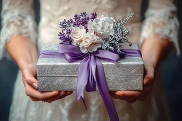 Hands holding a silver embossed gift box decorated with a purple ribbon and an arrangement of white and purple flowers expressing care and celebration
