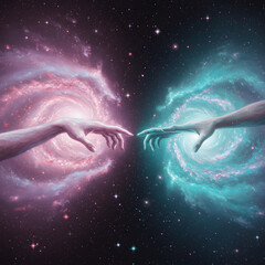 Two hands are reaching out to each other in the sky, surrounded by stars