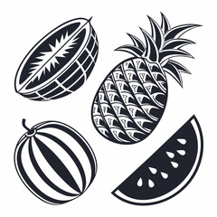 Stylized black and white fruit illustrations pineapple watermelon and kiwi
