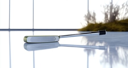 Modern electronic device with green and silver casing and a telescopic antenna on reflective surface near window with natural light