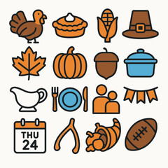 Thanksgiving icons depict food holiday symbols event elements