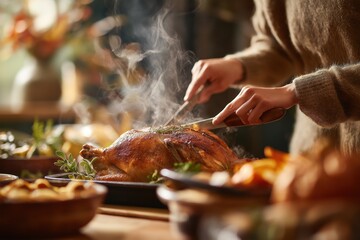 Thanksgiving turkey being sliced on a wooden table, surrounded by festive dishes and garnished with herbs, creating a warm and inviting holiday atmosphere
