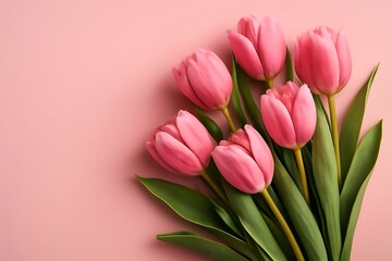Obraz premium Pink Tulips Bouquet on Solid Pastel Background with Copy Space
