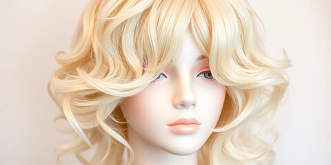 Fototapeta premium Wavy, light blonde synthetic wig on mannequin head, long hair, new