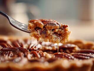 Delicious pecan pie slice being lifted with a fork, showcasing the rich filling and toasted nuts, perfect for Thanksgiving celebrations and festive gatherings