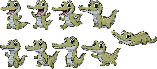 Fototapeta premium vector illustration of gharial crocodile alligator reptile funny cute cartoon mascot character cartoon with 9 poses 