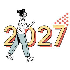 Fototapeta premium Woman walking towards the year 2027 with a hopeful expression