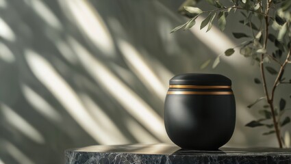 Black cremation urn. A modern urn for ashes sits on a marble table with an olive branch nearby, symbolizing peace and remembrance.