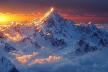Obraz premium Snow-covered mountain peak glowing in warm sunlight above a sea of clouds at sunset with a dramatic colorful sky