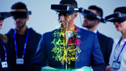 Diverse business team wearing VR headsets collaborating on holographic project - Powered by Adobe