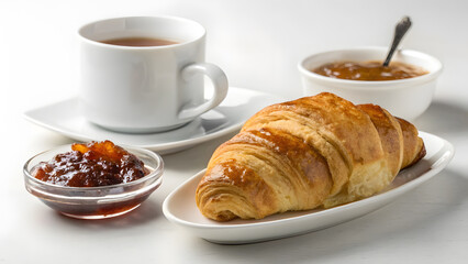 Butter Croissant with Jam and Hot Tea on Minimalist Tabletop. Perfect for: Breakfast, Afternoon Tea, Paris Café