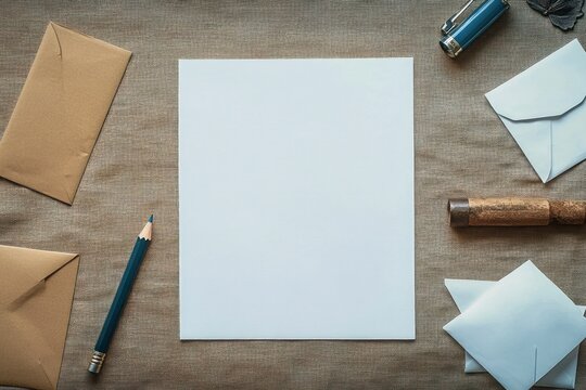 Blank white square paper centered on a textured beige fabric surface surrounded by brown and white envelopes, a sharpened blue pencil, and a small wooden stamp with a cap