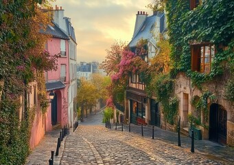 Fototapeta premium Charming sunlit cobblestone street lined with colorful old houses and lush greenery in a peaceful neighborhood during golden hour