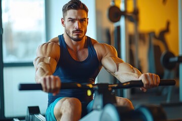 Focused muscular man in a navy tank top exercising on rowing machine in a gym with warm lighting and fitness equipment in the background