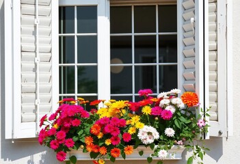 Fototapeta premium White window with open shutters, vibrant flowers in window box, exterior, spring