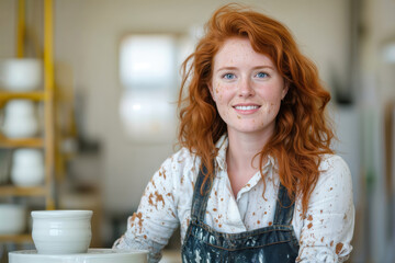 Smiling woman potter. A happy young woman with red hair and freckles works on a pottery wheel in her bright, creative ceramics studio.