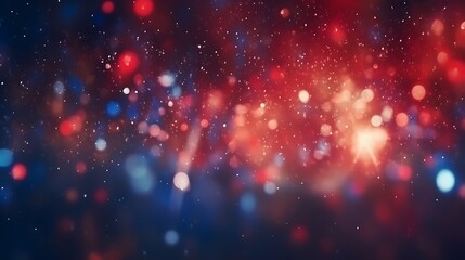 Bokeh light storm in deep red and electric blue tones with floating spark particles dispersed across a faded night sky, dynamic abstract celebration, full frame capture 