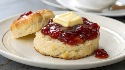 Homemade Scone with Jam and Butter on Round Plate. Perfect for: Afternoon Tea, Cozy Morning, British Breakfast