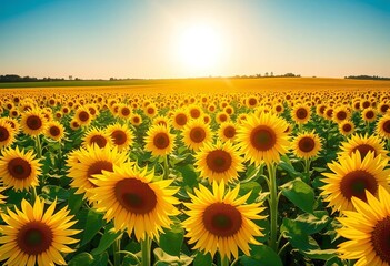 Fototapeta premium Vast sunflower field under bright sun, vibrant yellow blooms, lush green landscape, image, yellow