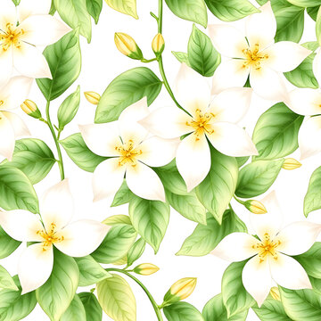 watercolor illustrations of rabian Jasmine - Jasminum sambac. in a seamless pattern. These images highlight the unique details and delicate presentation of the plant.