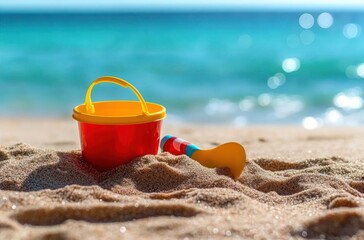 Bright red and yellow toy bucket and colorful small shovel partially buried in sandy beach with blurred blue ocean in the background