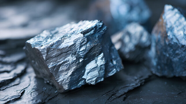 Raw cobalt mineral crystals on the black shale exhibit metallic reflections, showcasing strategic mineral resources and industrial clean energy materials.