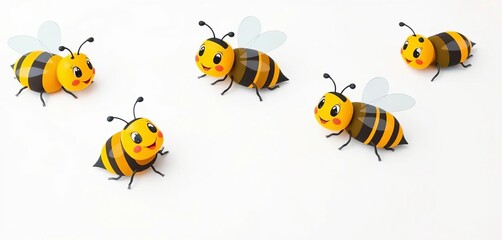 Adorable cartoon bees in various poses on pure white backdrop,  happy,  nature