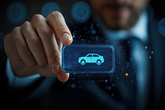 Close-up of a person in a suit holding a futuristic digital hologram of a car with glowing blue technology interface elements