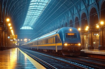 Fototapeta premium Modern passenger train arriving at a spacious, beautifully lit train station with a high arched glass ceiling and classic architectural details during twilight