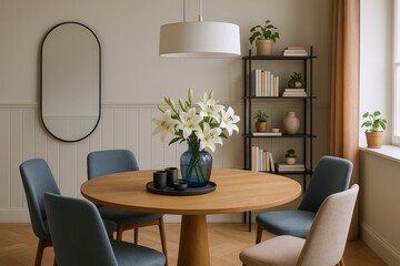 Modern Dining Room with Round Wooden Table, Blue Chairs, and White Lily Floral Arrangement