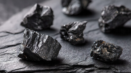 Naklejka premium Raw cobalt mineral crystals on the black shale exhibit metallic reflections, showcasing strategic mineral resources and industrial clean energy materials.