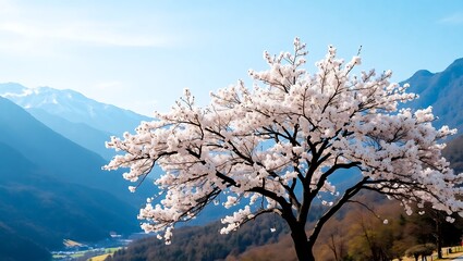 Naklejka premium A blooming cherry blossom tree with white flowers against a backdrop of blue mountains and a clear sky view
