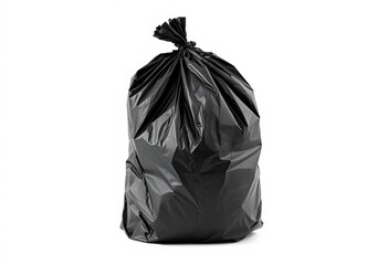 A single, crumpled black trash bag isolated on pure white background,   object,  recycling