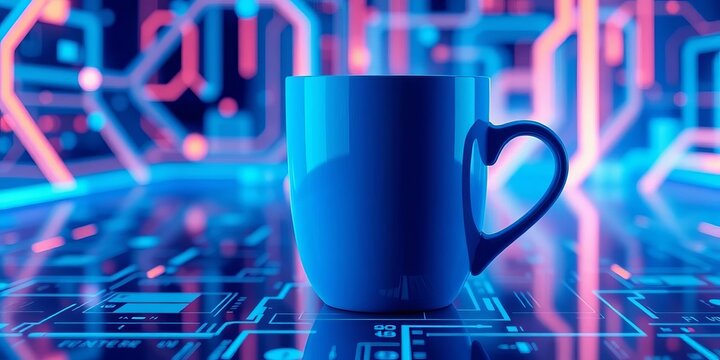 A sleek, blue-toned coffee cup rests on a futuristic tech background,  drinkware,  reality