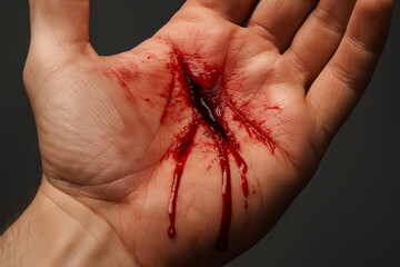 A bloody, deep gash across a person's palm, profusely bleeding.