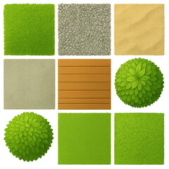 Top view textures of grass, gravel, sand, concrete, wood, and bushes isolated on transparent background for architectural and landscape design