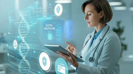 Doctor using tablet to analyze digital healthcare data and DNA structure - Powered by Adobe