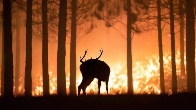 wild deer standing at the edge of a burning forest, backlit by flames and smoke , fire in forest motion , deer in forest fire motion 