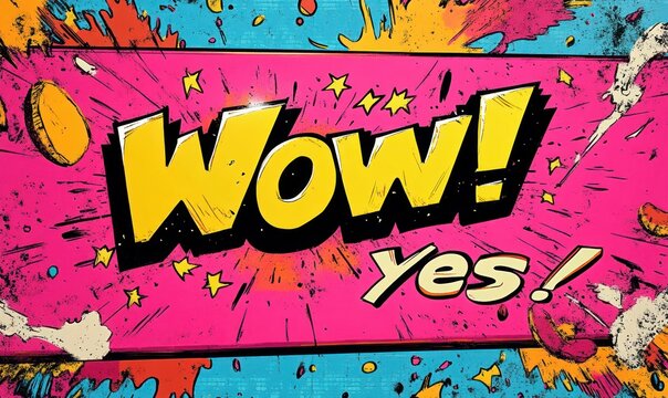 colorful comic style graphic with bold yellow text wow and yes on vibrant pink background with blue and orange paint splashes and stars expressing excitement and energy